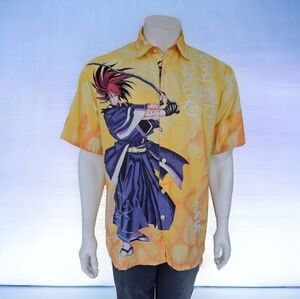 Short sleeve shirt Japanese anime samurai yellow and blue button up shirt manga